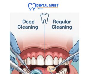 "Deep cleaning vs regular dental cleaning with dentist and dental tools."